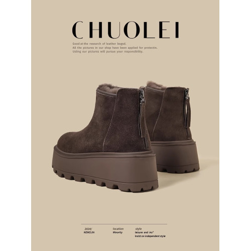 厚底松糕棉鞋女2026秋冬季新款加絨棕色毛毛小個子增高雪地短靴潮