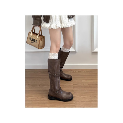 羊皮版~真皮厚底圓頭復古皮帶釦擦色長筒靴女秋冬中高筒靴騎士靴