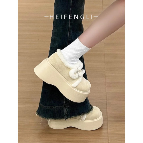 加絨松糕厚底勃肯棉鞋女冬季外穿2026新款小個子復古保暖毛毛鞋子