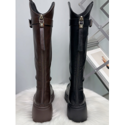 2025年復古棕色不過膝厚底長筒靴女秋冬英倫風增高時裝靴子皮帶釦