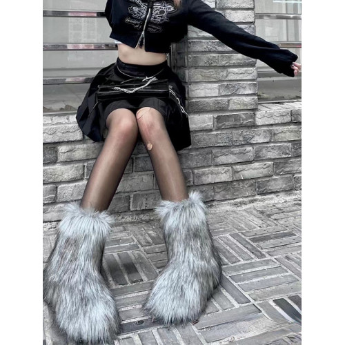 gal毛毛雪地靴冬新款辣妹套筒加厚仿貉子狐狸毛平跟毛茸茸中筒靴