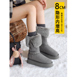 灰色厚底雪地靴女內增高2025新款冬季防水高長筒毛毛加絨加厚棉鞋