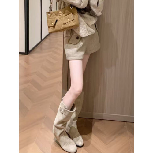 韓版高筒法式西部堆堆靴子女2025年秋冬新款圓頭絨面內增高長筒靴