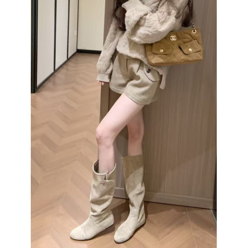韓版高筒法式西部堆堆靴子女2025年秋冬新款圓頭絨面內增高長筒靴