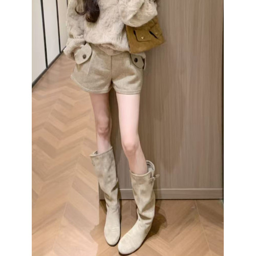 韓版高筒法式西部堆堆靴子女2025年秋冬新款圓頭絨面內增高長筒靴