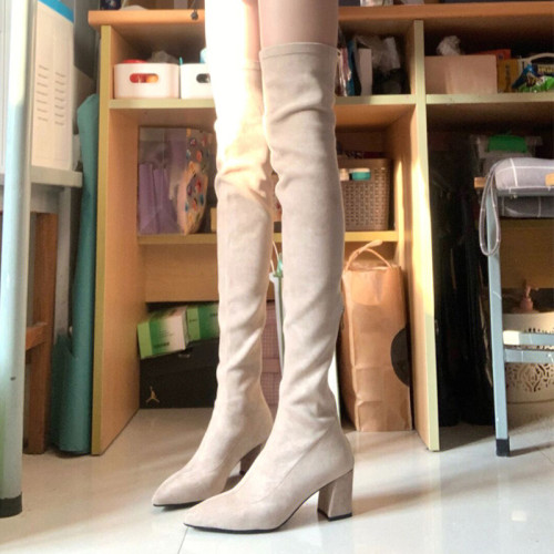過膝靴2025秋冬新款時尚百搭尖頭粗跟高筒彈力瘦瘦靴小個子長筒靴 過膝靴2025秋冬新款時尚百搭尖頭粗跟高筒彈力瘦瘦靴小個子長筒靴