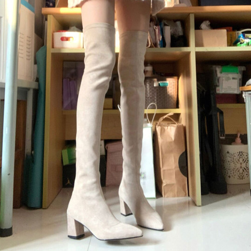 過膝靴2025秋冬新款時尚百搭尖頭粗跟高筒彈力瘦瘦靴小個子長筒靴 過膝靴2025秋冬新款時尚百搭尖頭粗跟高筒彈力瘦瘦靴小個子長筒靴