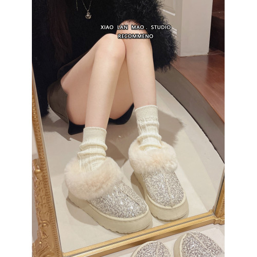 亮片毛毛雪地靴女冬季2025新款懶人一腳蹬棉靴加絨加厚保暖棉鞋潮