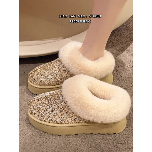 亮片毛毛雪地靴女冬季2025新款懶人一腳蹬棉靴加絨加厚保暖棉鞋潮