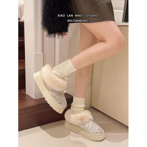 亮片毛毛雪地靴女冬季2025新款懶人一腳蹬棉靴加絨加厚保暖棉鞋潮