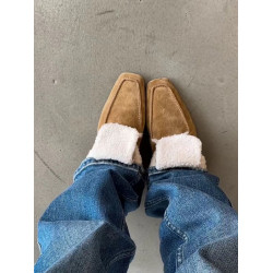 小衆復古短靴一腳蹬絨面方頭女時尚外穿毛毛鞋百搭內增高加絨單鞋