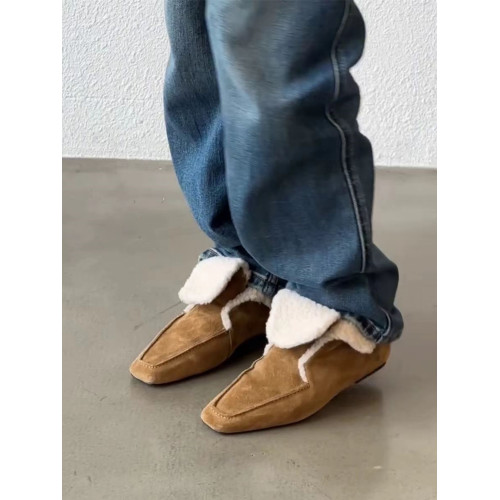 小衆復古短靴一腳蹬絨面方頭女時尚外穿毛毛鞋百搭內增高加絨單鞋