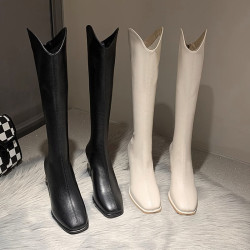 秋冬季真皮長靴女不過膝粗跟方頭高筒騎士靴時尚高跟瘦瘦靴子