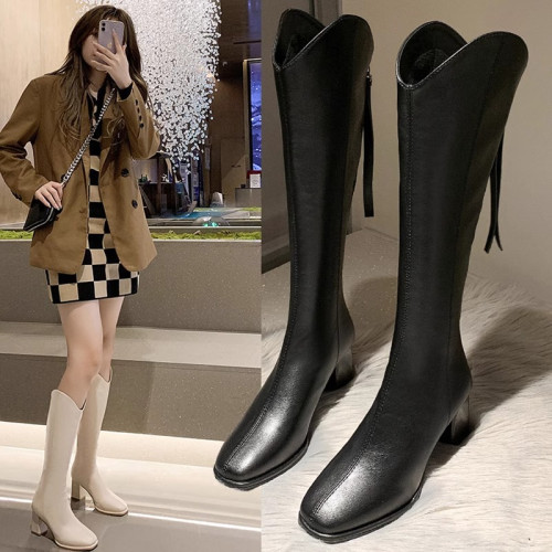 秋冬季真皮長靴女不過膝粗跟方頭高筒騎士靴時尚高跟瘦瘦靴子