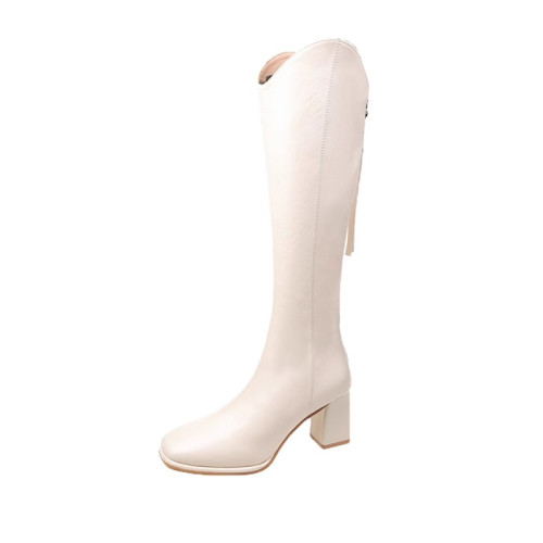 秋冬季真皮長靴女不過膝粗跟方頭高筒騎士靴時尚高跟瘦瘦靴子