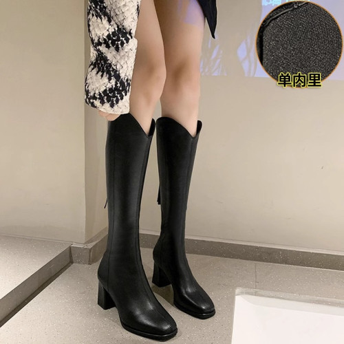 秋冬季真皮長靴女不過膝粗跟方頭高筒騎士靴時尚高跟瘦瘦靴子