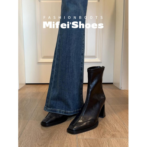 真皮~法式氣質高跟短靴女秋冬季新款方頭單靴粗跟瘦瘦靴大碼女靴