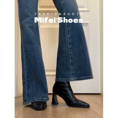 真皮~法式氣質高跟短靴女秋冬季新款方頭單靴粗跟瘦瘦靴大碼女靴