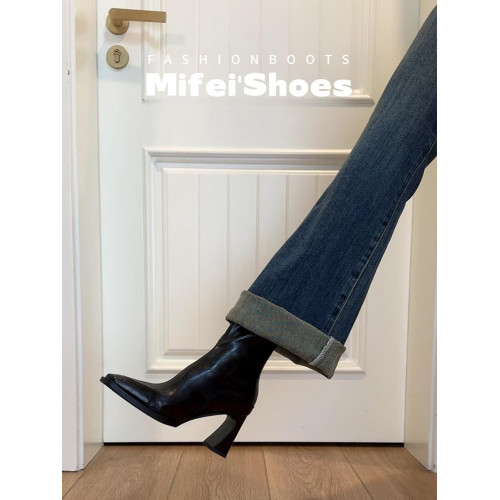 真皮~法式氣質高跟短靴女秋冬季新款方頭單靴粗跟瘦瘦靴大碼女靴