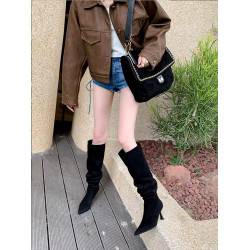 堆堆靴尖頭細高跟靴子女2026秋冬新款絨面超長高筒過膝卡其色長靴