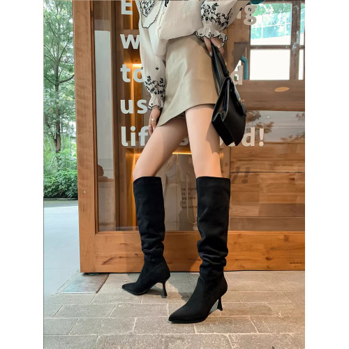 堆堆靴尖頭細高跟靴子女2026秋冬新款絨面超長高筒過膝卡其色長靴 堆堆靴尖頭細高跟靴子女2026秋冬新款絨面超長高筒過膝卡其色長靴