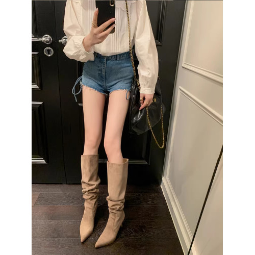 堆堆靴尖頭細高跟靴子女2026秋冬新款絨面超長高筒過膝卡其色長靴 堆堆靴尖頭細高跟靴子女2026秋冬新款絨面超長高筒過膝卡其色長靴