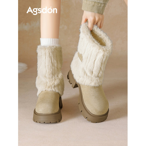 奧古獅登加絨雪地靴女2025新款冬季中筒厚底保暖毛毛棉鞋防滑棉靴