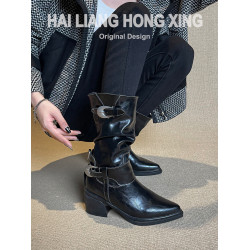 羊皮版~復古尖頭高跟短靴女新款厚底粗跟褶皺堆堆靴騎士靴馬丁靴