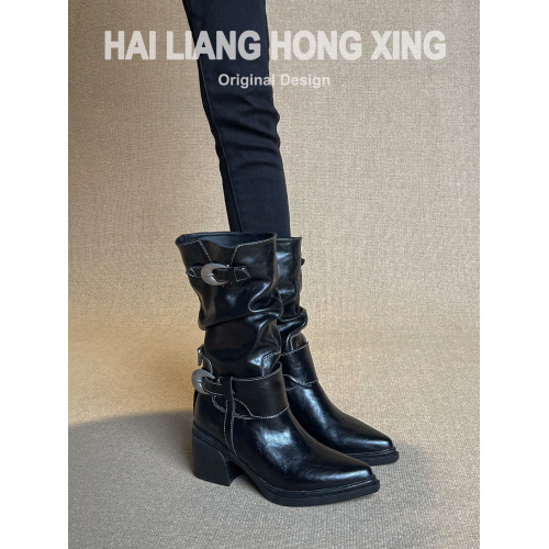 羊皮版~復古尖頭高跟短靴女新款厚底粗跟褶皺堆堆靴騎士靴馬丁靴