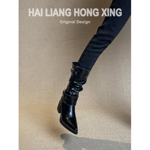 羊皮版~復古尖頭高跟短靴女新款厚底粗跟褶皺堆堆靴騎士靴馬丁靴