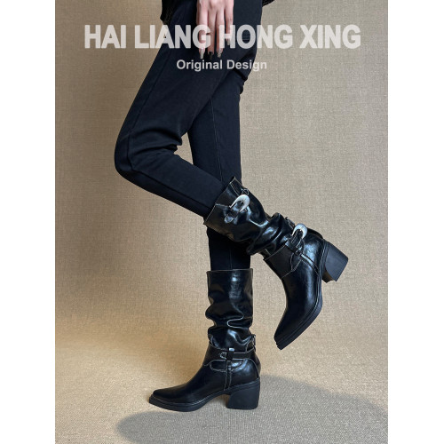 羊皮版~復古尖頭高跟短靴女新款厚底粗跟褶皺堆堆靴騎士靴馬丁靴