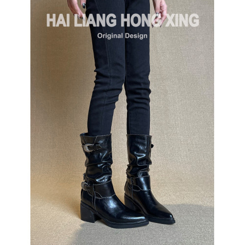 羊皮版~復古尖頭高跟短靴女新款厚底粗跟褶皺堆堆靴騎士靴馬丁靴