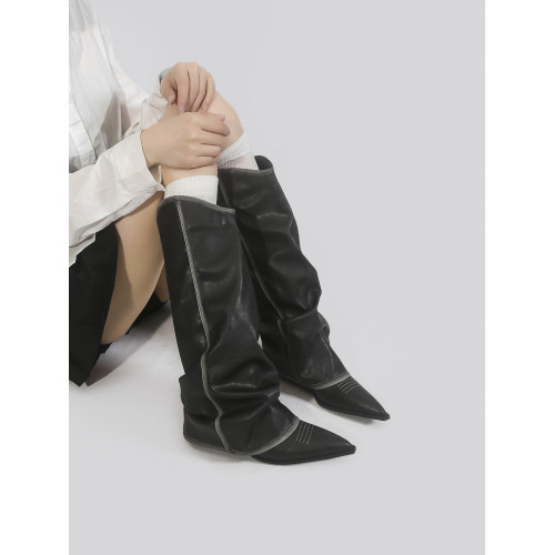 林向晚 美式松弛~黑色不過膝長靴女復古擦色褶皺堆堆靴辣妹褲琯靴