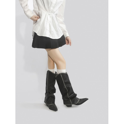 林向晚 美式松弛~黑色不過膝長靴女復古擦色褶皺堆堆靴辣妹褲琯靴