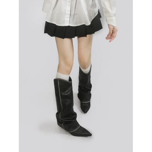 林向晚 美式松弛~黑色不過膝長靴女復古擦色褶皺堆堆靴辣妹褲琯靴