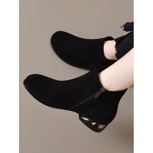 撤櫃品牌女鞋平跟小短靴女2025新款圓頭平底媽媽靴子冬季加絨皮鞋