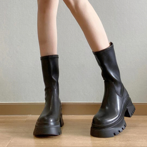 真皮今年流行的小短靴女厚底甜酷馬丁靴女顯瘦中筒靴女粗跟防水台 真皮今年流行的小短靴女厚底甜酷馬丁靴女顯瘦中筒靴女粗跟防水台