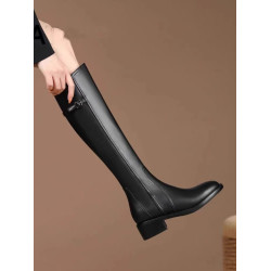 爆款真皮不過膝高筒靴子女2025秋冬新款中跟皮帶釦騎士靴長筒靴