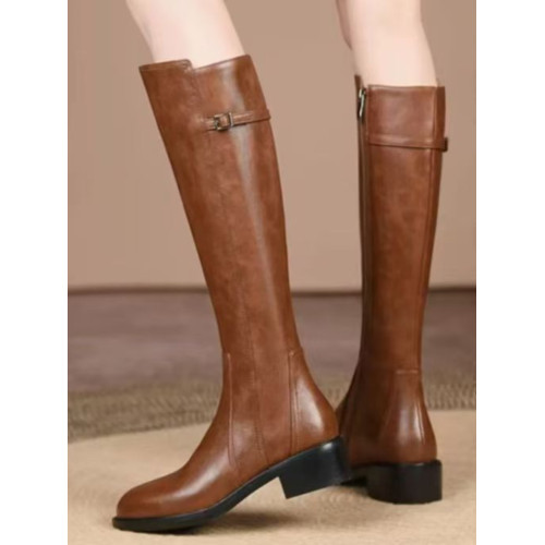 爆款真皮不過膝高筒靴子女2025秋冬新款中跟皮帶釦騎士靴長筒靴