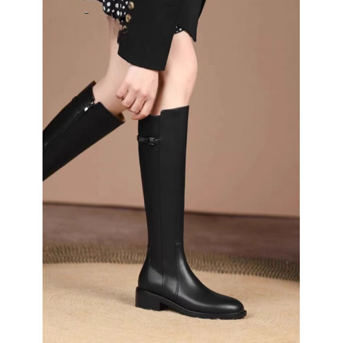 爆款真皮不過膝高筒靴子女2025秋冬新款中跟皮帶釦騎士靴長筒靴