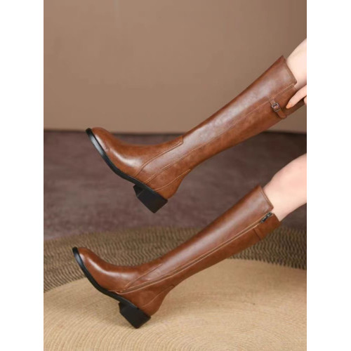 爆款真皮不過膝高筒靴子女2025秋冬新款中跟皮帶釦騎士靴長筒靴