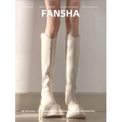 牛皮版~白色長靴女2025新款秋冬高筒不過膝厚底粗跟V口瘦瘦長筒靴