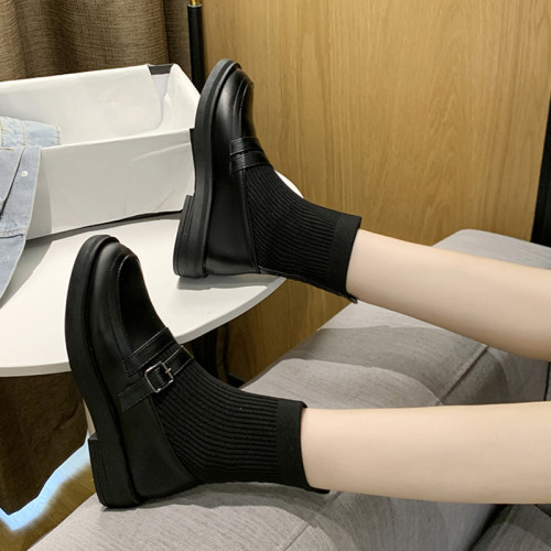 瘦瘦襪子靴平底短靴女2026春季新款連襪馬丁靴針織彈力英倫小皮鞋