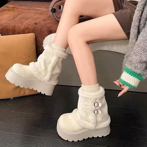 白色復古厚底加絨加厚雪地靴女款2026新款冬季保暖東北毛毛棉鞋子