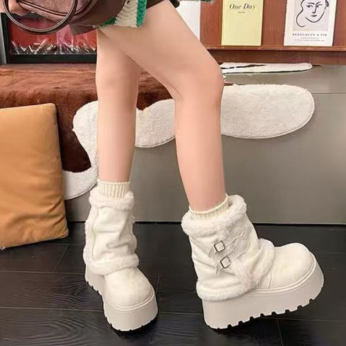 白色復古厚底加絨加厚雪地靴女款2026新款冬季保暖東北毛毛棉鞋子
