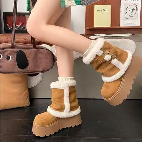 白色復古厚底加絨加厚雪地靴女款2026新款冬季保暖東北毛毛棉鞋子