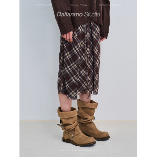 韓版nt3同款卡其色靴子女皮帶釦堆積靴粗跟堆堆靴中筒靴做舊中筒