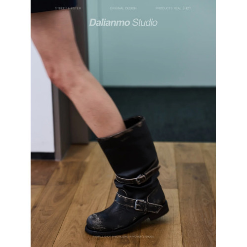 韓版nt3同款卡其色靴子女皮帶釦堆積靴粗跟堆堆靴中筒靴做舊中筒