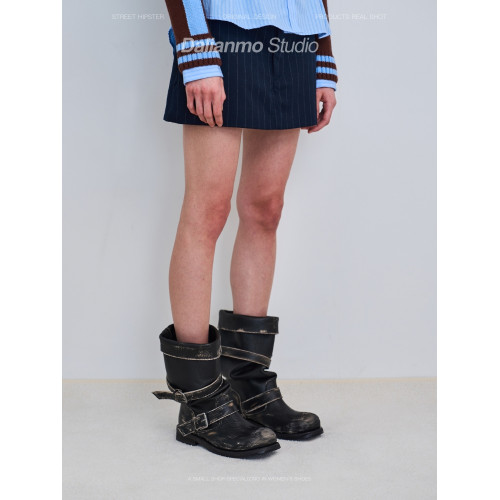 韓版nt3同款卡其色靴子女皮帶釦堆積靴粗跟堆堆靴中筒靴做舊中筒