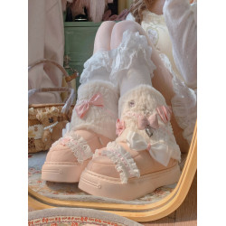 pinkyo原創蝴蝶結仿兔毛厚底靴日系可愛甜美冬季加絨保暖雪地靴女